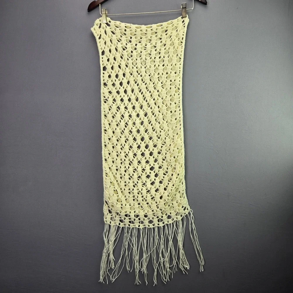 Crochet Scarf Knit Fringe Wrap OS Cream Vintage Boho Open Weave Tassel